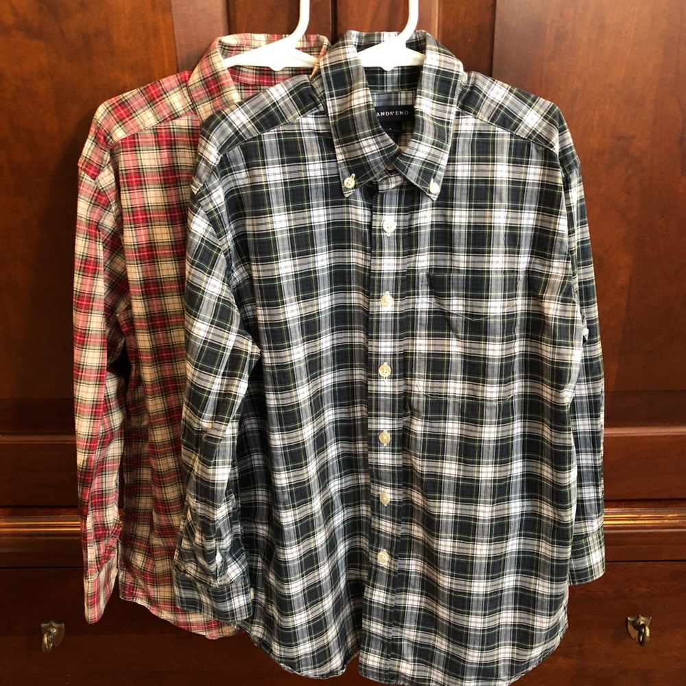 Set of 2 boys Lands’ End plaid dress shirts